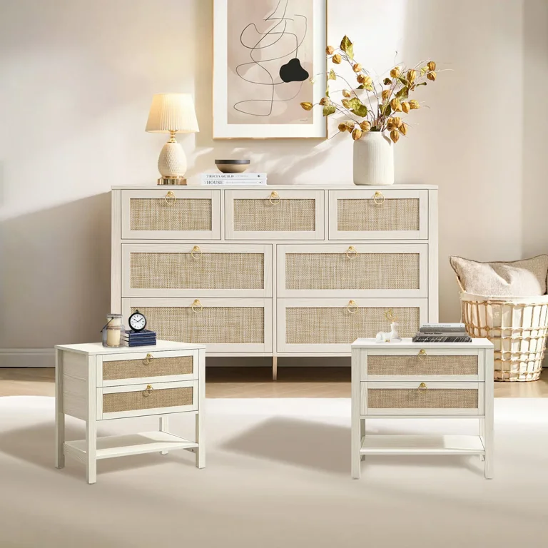 SICOTAS 7-Drawer Dresser & 2 Nightstands Set, Rattan Storage Dresser (51.18