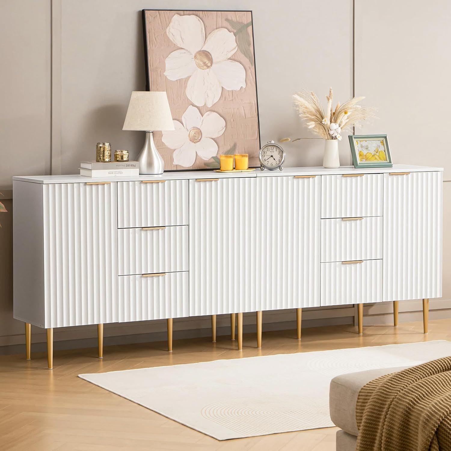 White Fluted Storage Cabinet with Gold Legs and Adjustable Shelves