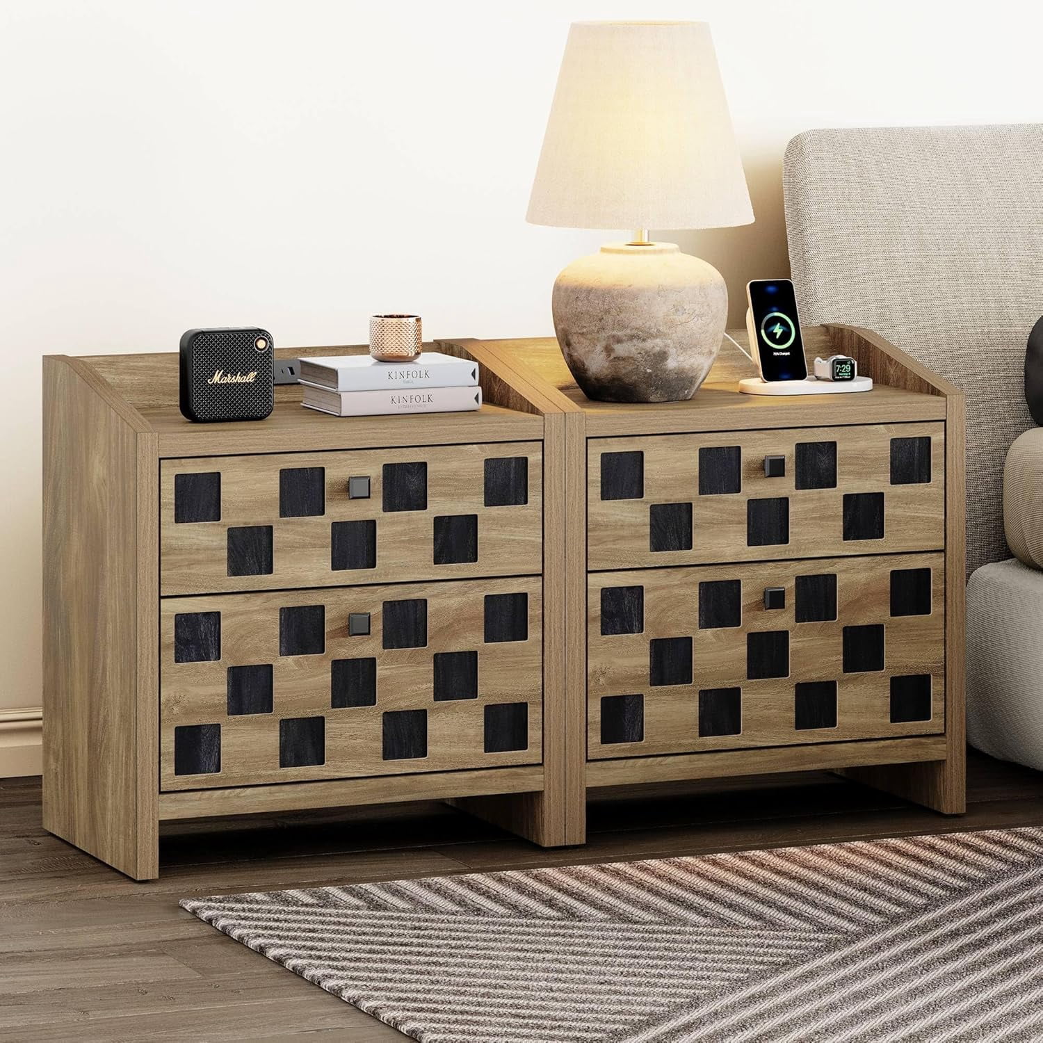 SICOTAS Wide Nightstands Set of 2 with Charging Station and USB-C Port, 24" Large Wood Night ...