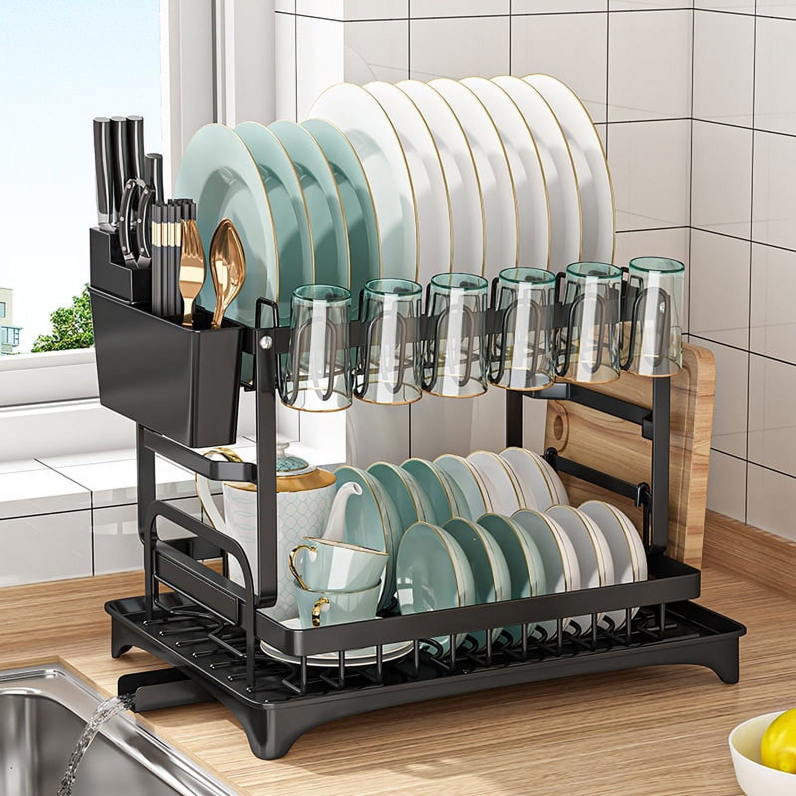 Black 2-Tier Foldable Metal Dish Drying Rack with Utensil Cup