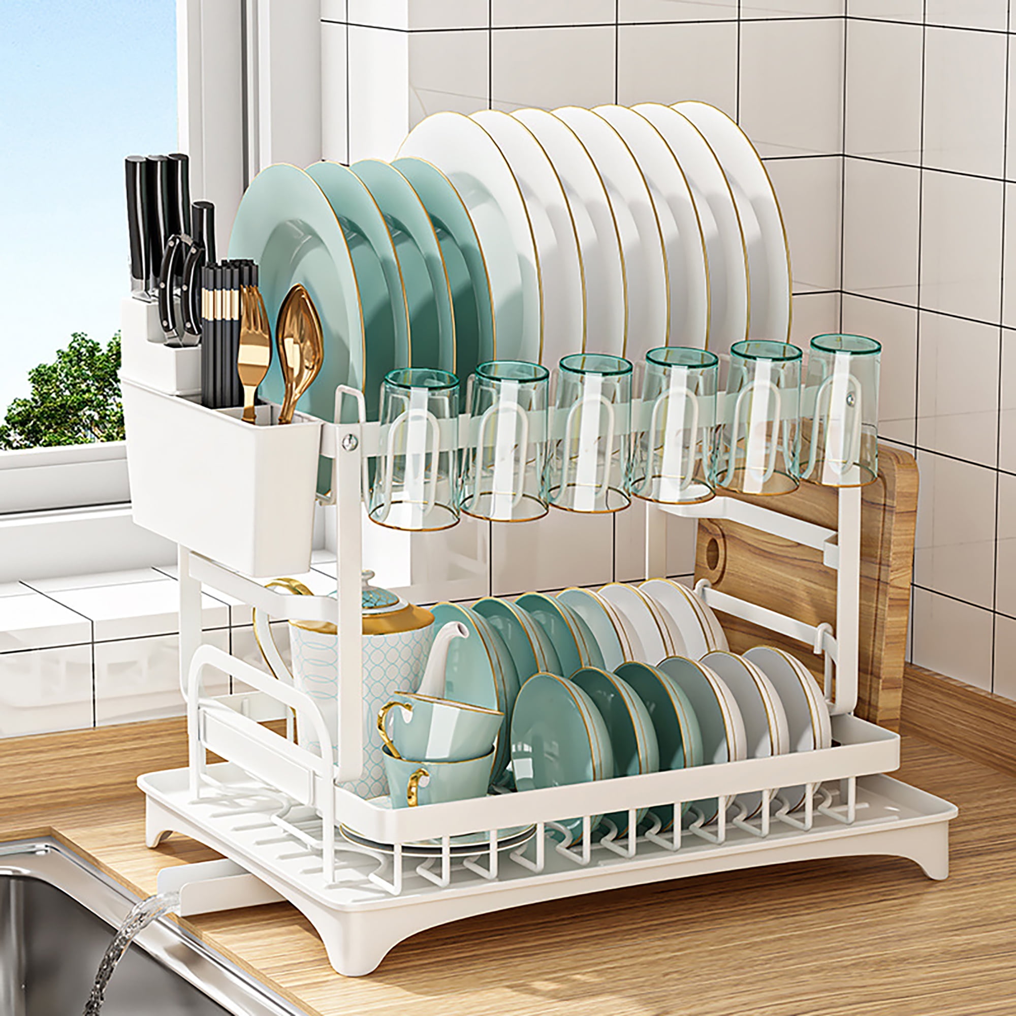White 2-Tier Stainless Steel Dish Drying Rack with Utensil Holder