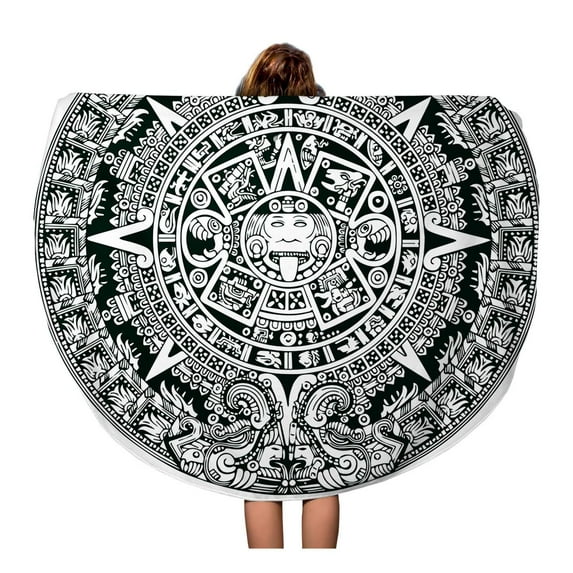 SIDONKU 60 inch Round Beach Towel Blanket Aztec Mayan Symbols Calendar Maya Tribal Ancient Apocalypse Apocalyptic Travel Circle Circular Towels Mat Tapestry Beach Throw