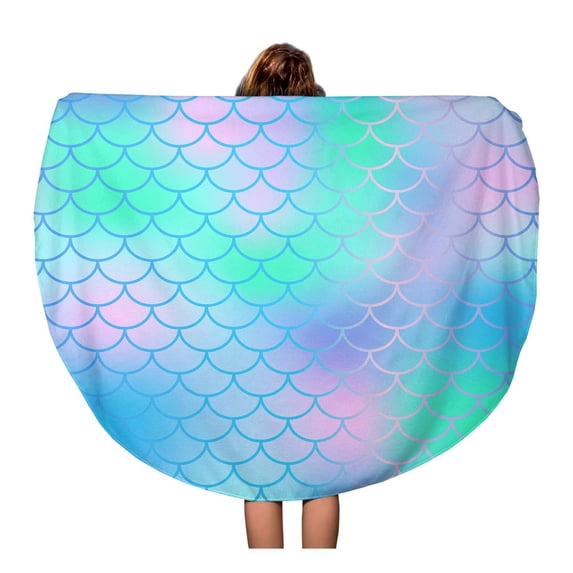 SIDONKU 60 inch Round Beach Towel Blanket Fish Scale Pattern Magic Mermaid Tail Colorful Net Blue Travel Circle Circular Towels Mat Tapestry Beach Throw