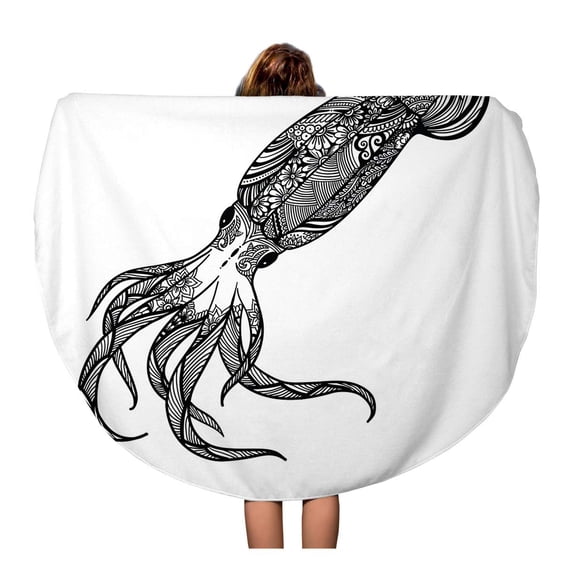 SIDONKU 60 inch Round Beach Towel Blanket Large Squid Kraken The Inhabitant of Ocean Glubokokvodny Monster Travel Circle Circular Towels Mat Tapestry Beach Throw