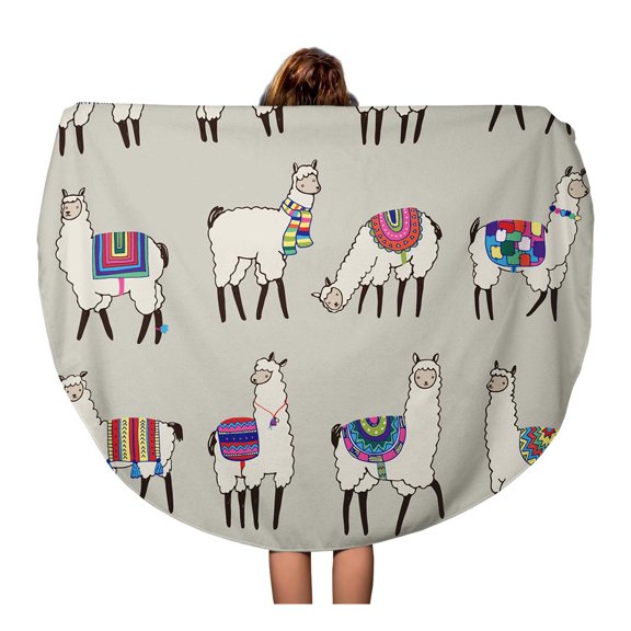 SIDONKU 60 inch Round Beach Towel Blanket Llama Lama Color Peru Alpaca Cute Desert America Travel Circle Circular Towels Mat Tapestry Beach Throw