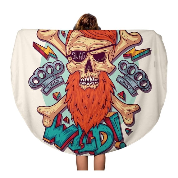 SIDONKU 60 inch Round Beach Towel Blanket Skull in Swag Crazy and Crossbones to Be Printed Travel Circle Circular Towels Mat Tapestry Beach Throw