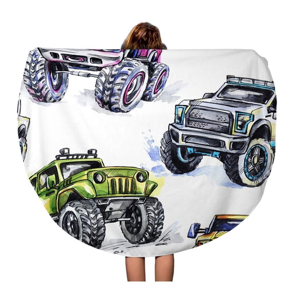 SIDONKU 60 inch Round Beach Towel Blanket Watercolor Cartoon Monster Trucks Colorful Extreme Sports 4X4 Vehicle Travel Circle Circular Towels Mat Tapestry Beach Throw