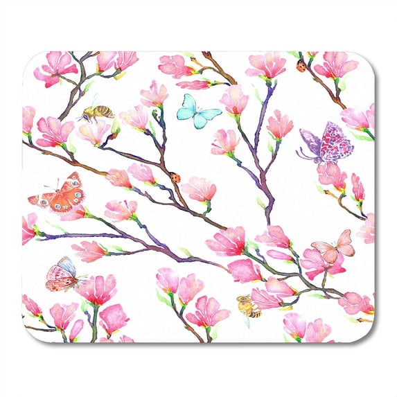 SIDONKU Beautiful Pink Magnolia Branches Butterflies Bugs Ladybugs and Bees Hand Watercolor Beauty Mousepad Mouse Pad Mouse Mat 9x10 inch