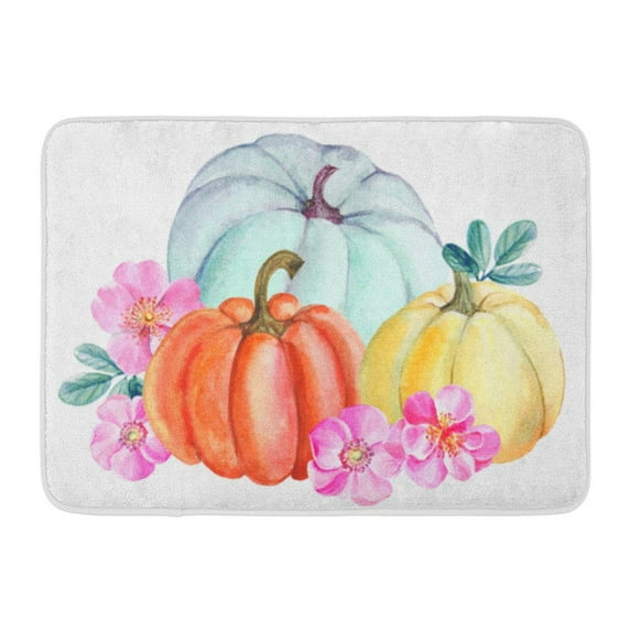 SIDONKU Blue Artistic Watercolor Composition of Pink Flowers Rosehip Autumn Pumpkin Blossom Doormat Floor Rug Bath Mat 23.6x15.7 inch