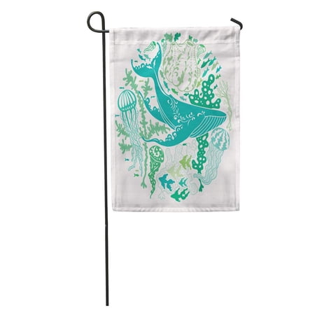 SIDONKU Blue Jellyfish Swimming Whale Surrounded by Variety of Sea Creations Colorful Pattern Garden Flag Decorative Flag House Banner 28x40 inch