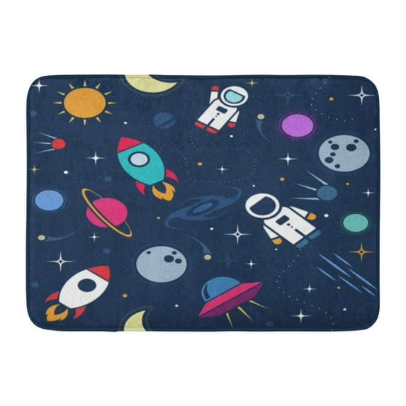 SIDONKU Blue Pattern Flat Space Cute Astronaut Spaceship Rocket Moon Black Hole Stars in Outer Ship Doormat Floor Rug Bath Mat 23.6x15.7 inch