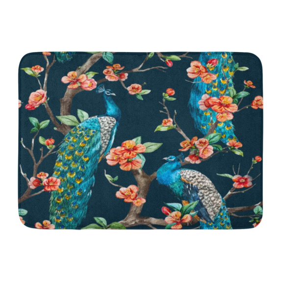 SIDONKU Blue Pattern Watercolor Peacock on Tree Cherry Flowering Trees Flowers Colorful Bird Doormat Floor Rug Bath Mat 23.6x15.7 inch