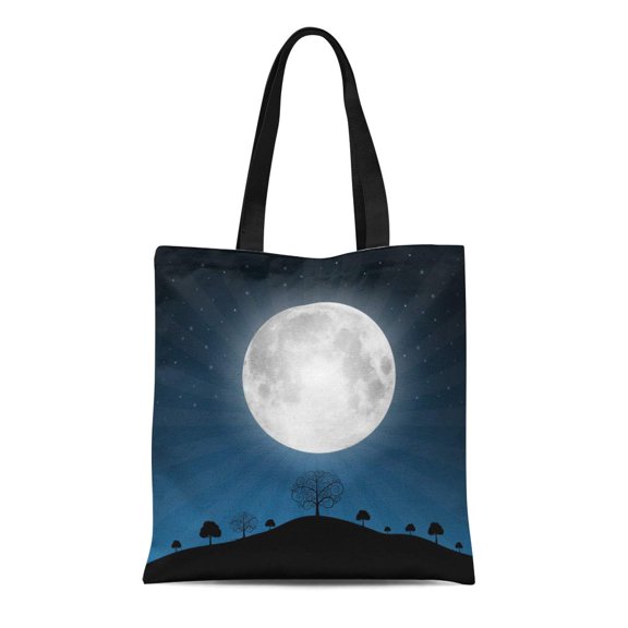 SIDONKU Canvas Bag Resuable Tote Grocery Shopping Bags Blue Cartoon Full Moon Stars and Trees Moonlight Night Shine Tote Bag