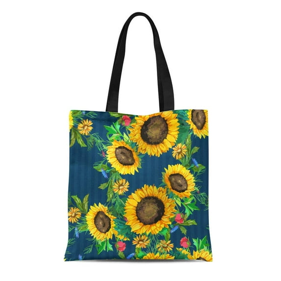 SIDONKU Canvas Bag Resuable Tote Grocery Shopping Bags Brown Flower of Watercolor Sunflowers Big and Small with Green Leaves Colorful Tote Bag