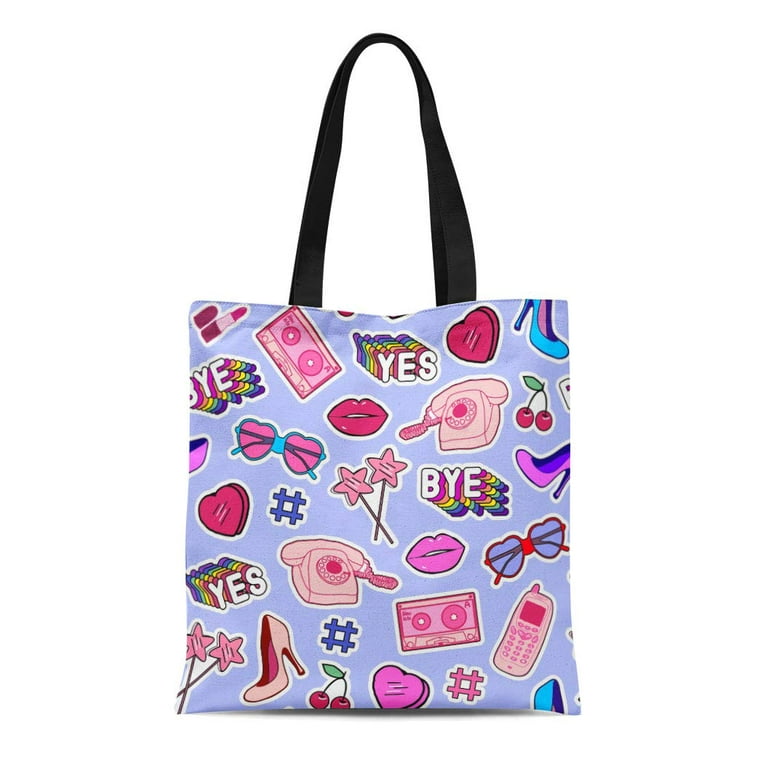 Sidonku Canvas Bag Resuable Tote Grocery Shopping Bags Patches Stickers Badges Pins with Cell Phones Heart Shaped Sunglasses Lips Tote Bag, Adult