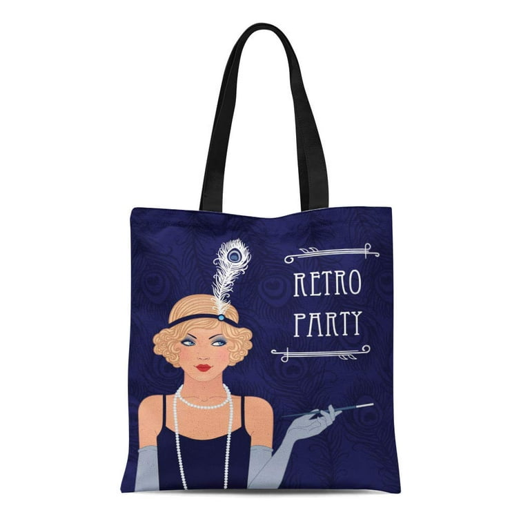 SIDONKU Canvas Tote Bag 1920S Blue Retro Party Flapper Girl Vintage Women  20S Reusable Shoulder Grocery Shopping Bags Handbag