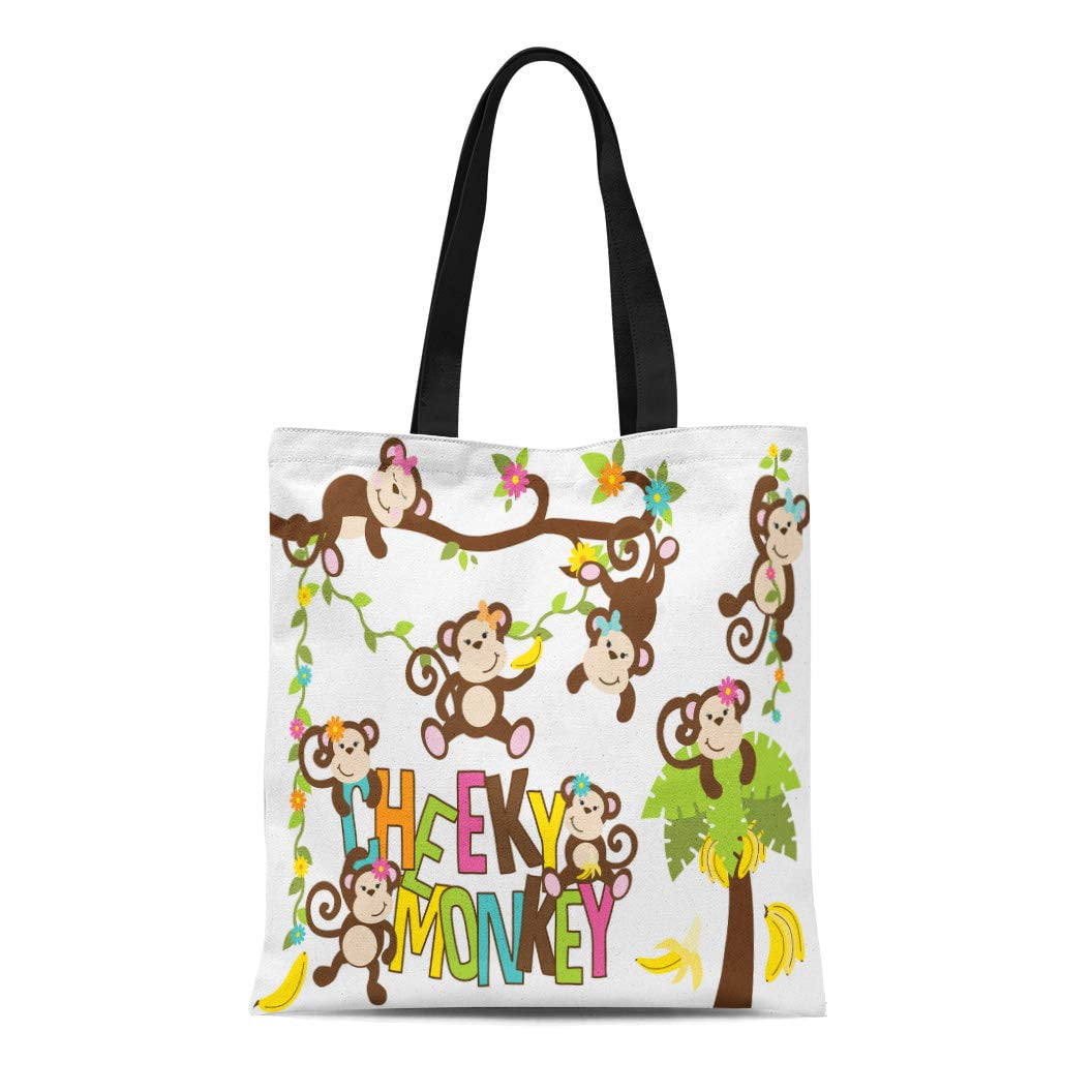 SIDONKU Canvas Tote Bag Banana Girl Monkeys Cheeky Tree Branch Hanging