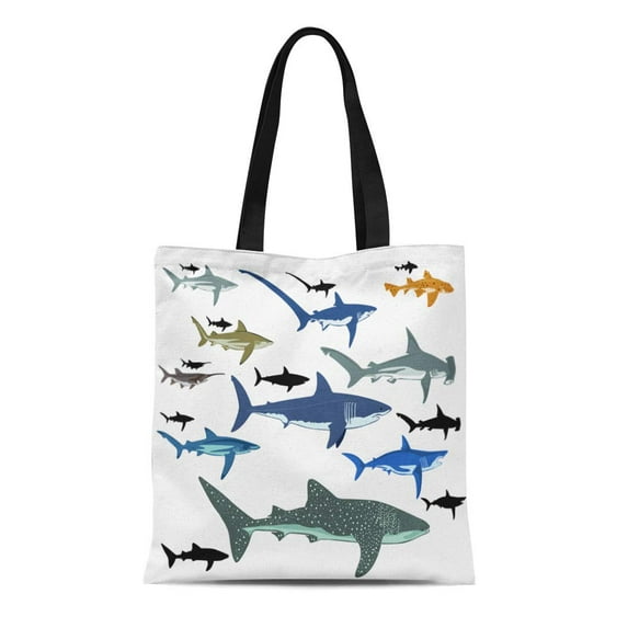 SIDONKU Canvas Tote Bag Blue Whale Shark Species Reef Aquatic Life Fin Miscellaneous Reusable Shoulder Grocery Shopping Bags Handbag