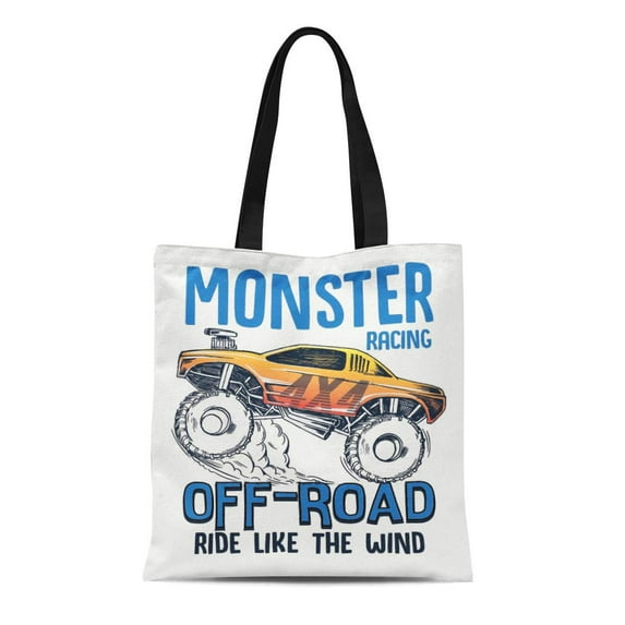 SIDONKU Canvas Tote Bag Boy Cartoon Monster Truck and Graphic Tee Baby Road Durable Reusable Shopping Shoulder Grocery Bag