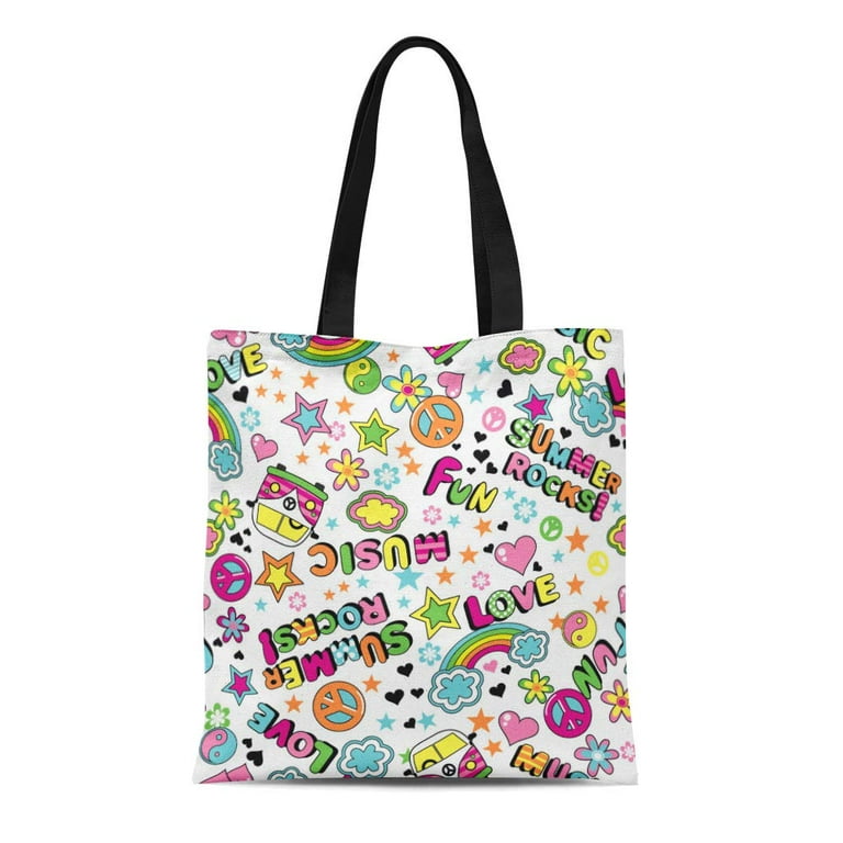 SIDONKU Canvas Tote Bag Colorful Power Groovy Flower Pattern Peace