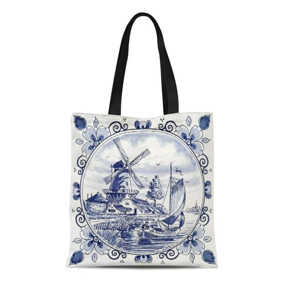 SIDONKU Canvas Tote Bag Nederland Cute Vintage Dutch Windmill Delft Blue the Netherlands Reusable Handbag Shoulder Grocery Shopping Bags