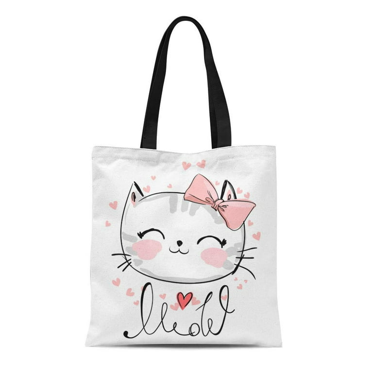 SIDONKU Canvas Tote Bag Pink Face Cute Cat Sketch Children Girl
