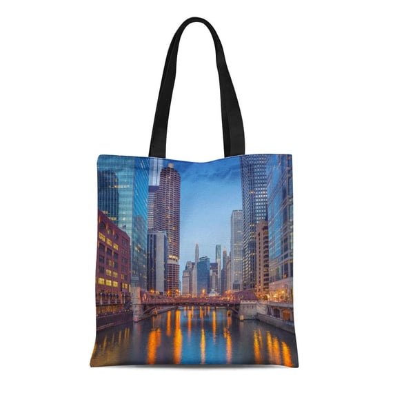 SIDONKU Canvas Tote Bag Skyline Chicago Downtown Cityscape of During Twilight Blue Hour Durable Reusable Shopping Shoulder Grocery Bag
