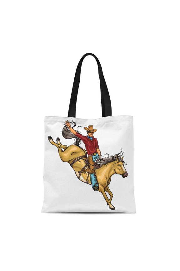 Canvas Tote Bag Texas Rodeo Cowboy Riding Horse Bucking Sport West Western Reusable Shoulder Grocery Shopping Bags Handbag