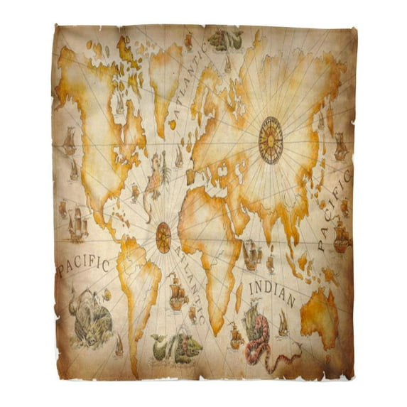 SIDONKU Flannel Throw Blanket Large Vintage Ancient World Map Drawn Dragons Sea Monsters and Sailboats Adventures Pirates Treasures Quests 50x60 Inch Lightweight Cozy Plush Fluffy Warm Fuzzy Soft