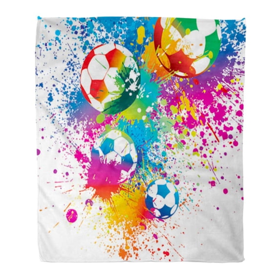 SIDONKU Flannel Throw Blanket Sport Soccer The Colorful Footballs on White Ball Stadium Soft for Bed Sofa and Couch 50x60 Inches