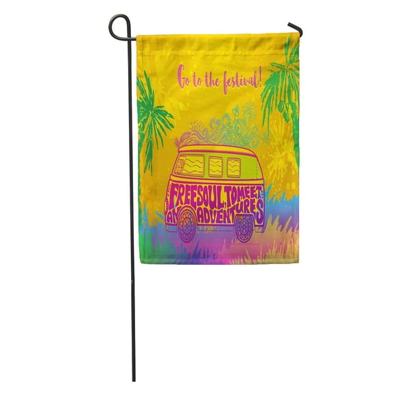 SIDONKU Hippie Vintage Car Mini Van Ornate Love and Music Fonts Doodle Hippy Color Retro 1960S 60S 70S Woodstock Garden Flag Decorative Flag House Banner 12x18 inch