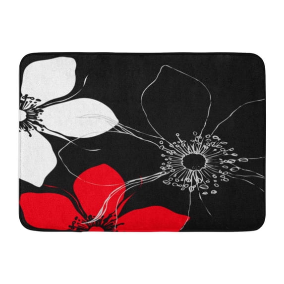 SIDONKU Poppy of Floral Pattern Abstract Rose Flowers in Red and White on Black Grey Doormat Floor Rug Bath Mat 23.6x15.7 inch