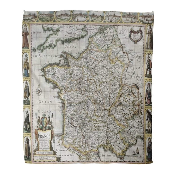 SIDONKU Throw Blanket 58x80 Inches France Old Map from The Prospect of Most Famous Part World Created by John Warm Flannel Soft Blanket for Couch Sofa Bed