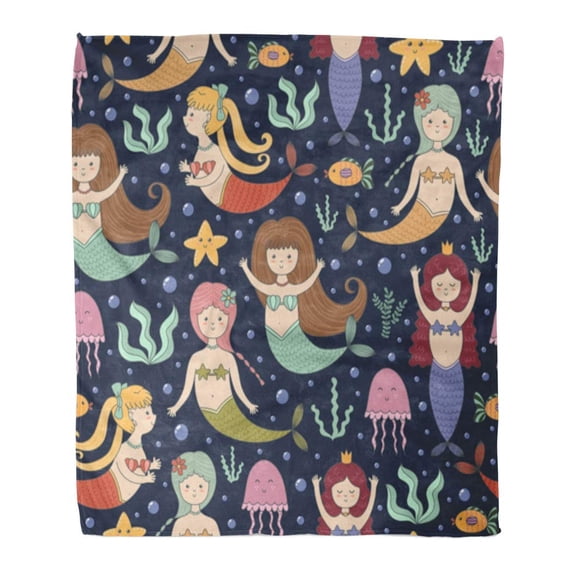 SIDONKU Throw Blanket Warm Cozy Print Flannel Blue Girl Little Mermaids Cute in Childish Great and Colorful Kids Comfortable Soft for Bed Sofa and Couch 50x60 Inches