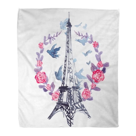 SIDONKU Throw Blanket Warm Cozy Print Flannel Eiffel Tower in Wreath of Purple Plants Pink Roses and Flying Birds Watercolor Comfortable Soft for Bed Sofa and Couch 50x60 Inches