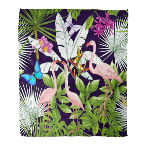 SIDONKU Throw Blanket Warm Cozy Print Flannel Flamingo and Tropical Plants on Black Colorful Without and Gradients Comfortable Soft for Bed Sofa and Couch 58x80 Inches