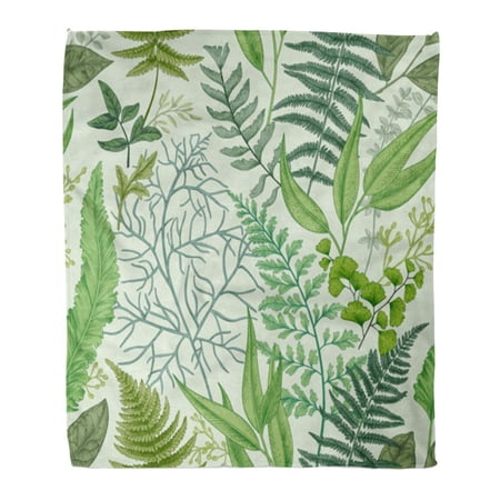 SIDONKU Throw Blanket Warm Cozy Print Flannel Green Herbal Different Ferns and Leaves Vintage Floral Botanical Pattern Comfortable Soft for Bed Sofa and Couch 50x60 Inches