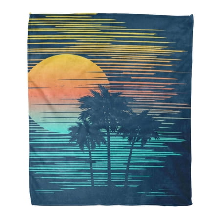 SIDONKU Throw Blanket Warm Cozy Print Flannel Orange Hawaii Sunset on Tropical Beach with Palm Tree Sun Over Evening Sea Comfortable Soft for Bed Sofa and Couch 58x80 Inches