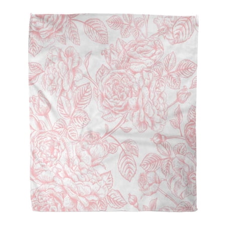 SIDONKU Throw Blanket Warm Cozy Print Flannel Pink English Vintage with Garden Roses Romantic Flower Floral White Outline Comfortable Soft for Bed Sofa and Couch 58x80 Inches