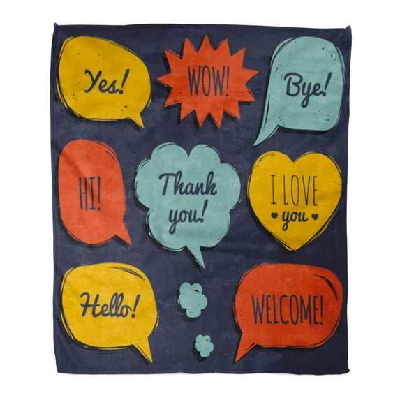 SIDONKU Throw Blanket Warm Cozy Print Flannel Speech Bubbles in Comic Dialog Windows Phrases Hi Hello Thank You Yes Wow Comfortable Soft for Bed Sofa and Couch 58x80 Inches