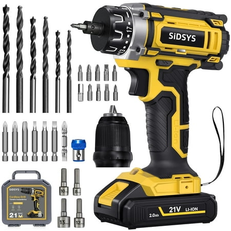 SIDSYS Cordless Drill Set 21V Electric Power Drill With Battery And Charger 3/8" Keyless Removable Chuck, 2 Variable Speed 18+1 Torque Setting and 30pcs Drill/Driver Bits