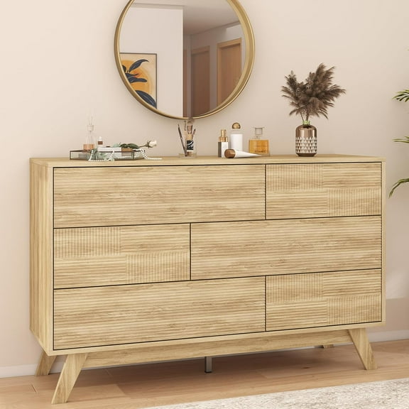 SIDUCAL Fluted 6 Drawer Dresser for Bedroom, Wooden Dressers with Handleless Dressers, 47” Wide Modern Dresser TV Stand, Wood Closet Clothes Storage Organizer for Bedroom, Hallway, Natural Oak