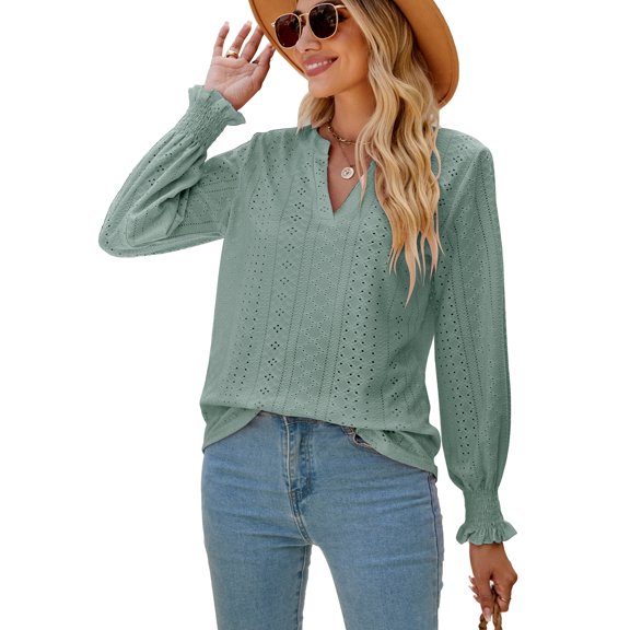 SIEANE Ruffle Long Sleeve Blouse for Women V Neck Hollow Out Shirt Casual Tops