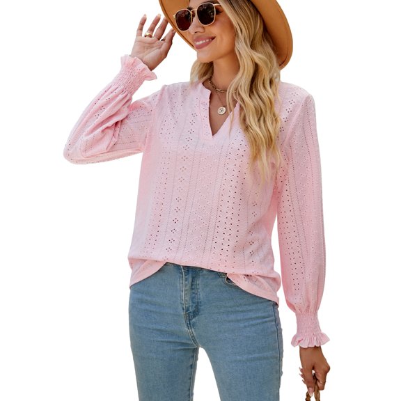 SIEANE Ruffle Long Sleeve Blouse for Women V Neck Hollow Out Shirt Casual Tops