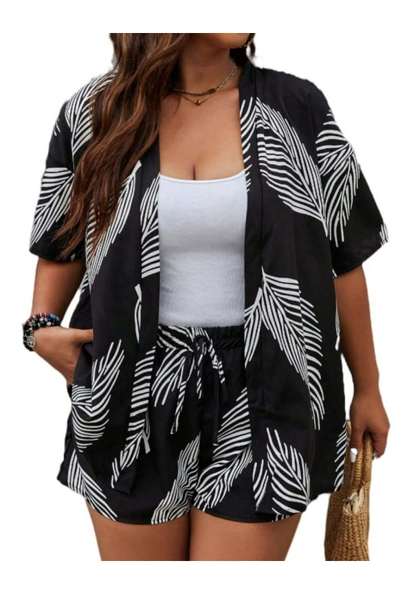 Women's 2-Piece Tropical Leaf Print Summer Casual Loose Fit Lightweight Outfit for Beach S-2XL