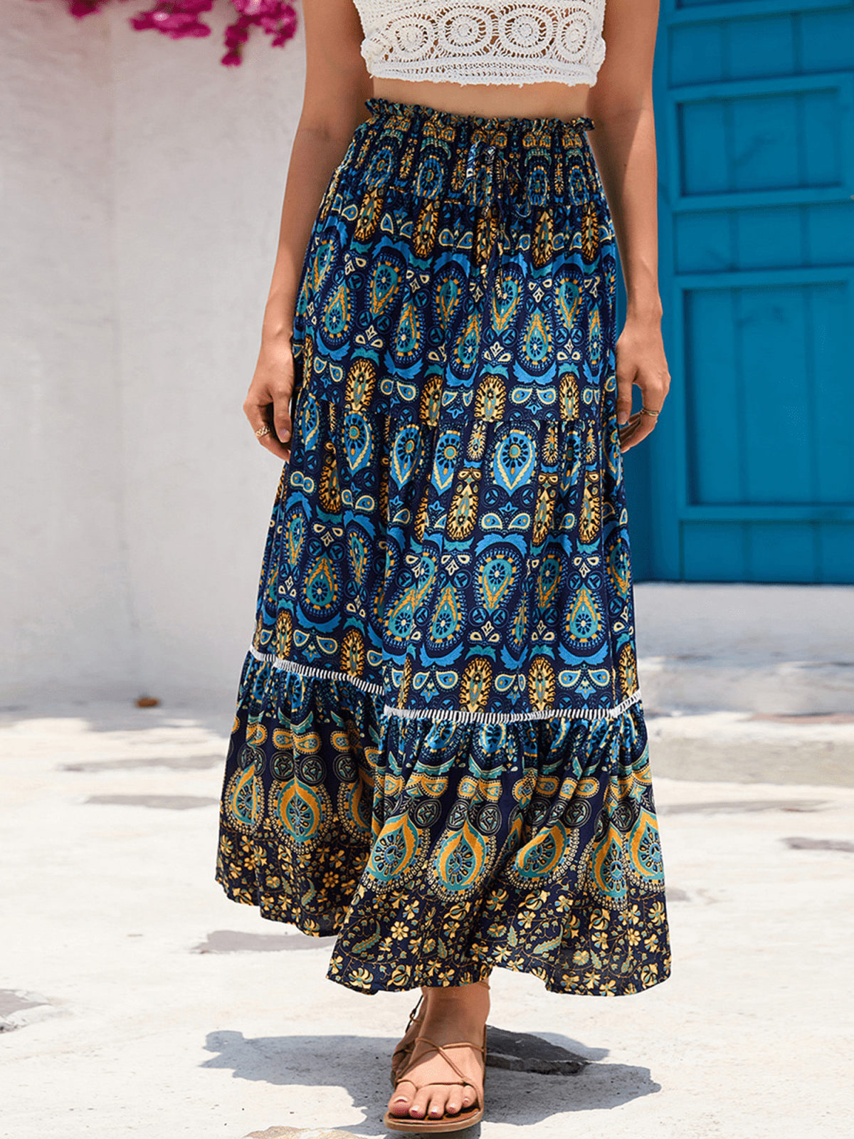 SIEANE Women's Boho Elastic High Waist Long Skirt Paisely