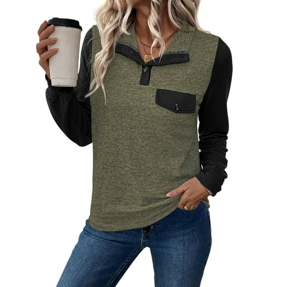 SIEANE Women's Casual Lapel Long Sleeve Spring-Fall Two-Color Patchwork Henry Shirt With Pocket S-XL