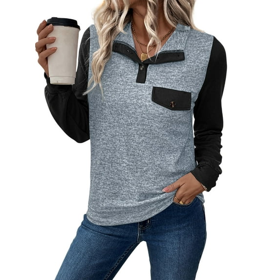 SIEANE Women's Casual Lapel Long Sleeve Spring-Fall Two-Color Patchwork Henry Shirt With Pocket S-XL