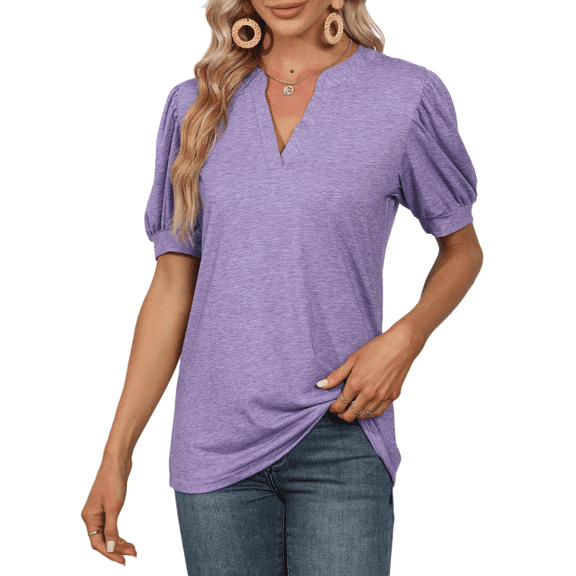 SIEANE Women's Casual V Neck T-Shirts Loose Puff Short-Sleeve Tops Tunic Blouse