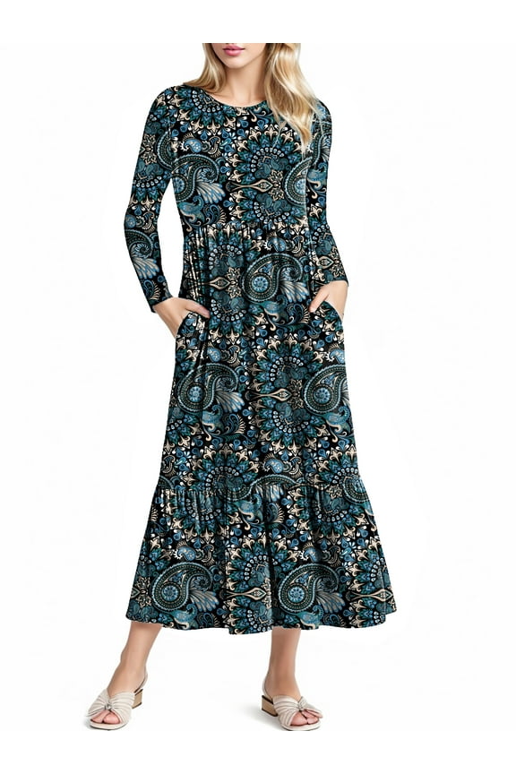 Women’s Fall Dress Casual Long Sleeve Crew Neck Dress Tiered Maxi Swing Dress with Pockets